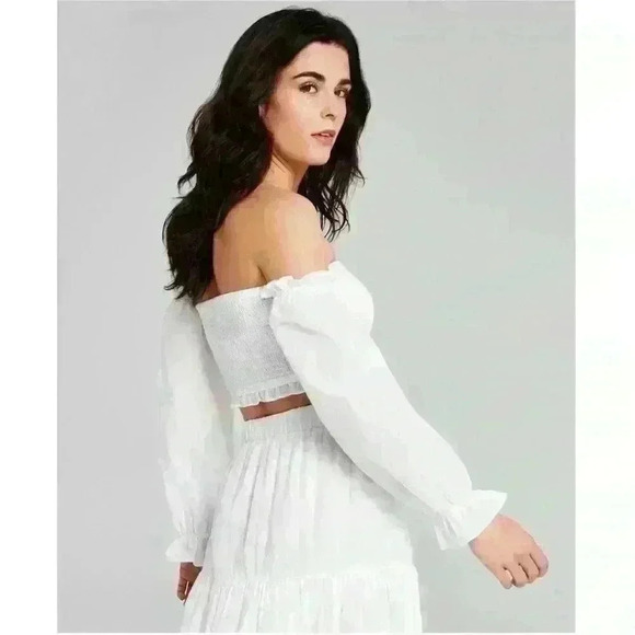 And Now This Womens Solid White Smocked Crop Top Off The Shoulder Size Medium - Picture 2 of 13